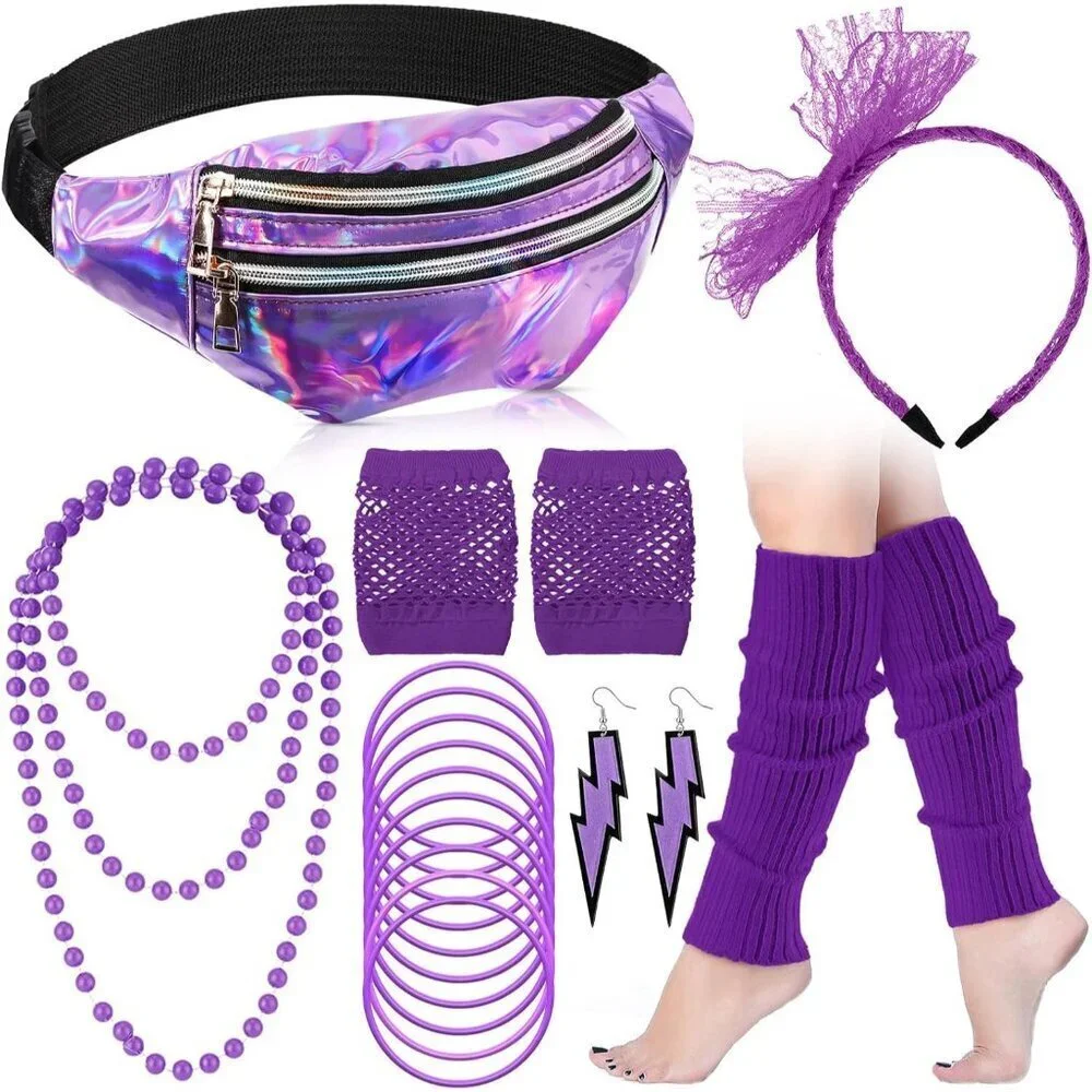 80s Costume Accessories Set Fanny Pack Leg Warmers Earrings Gloves Necklace